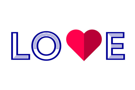 LOVE typography with red heart replacing letter V. Modern, elegant striped lettering design on isolated background. Perfect for Valentine's Day, romance and wedding graphics