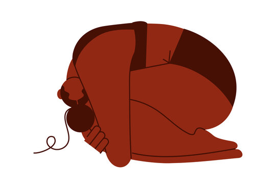 Flat vector illustration of a black, brown woman, girl curled up in a fetal position. Concept of self-love, body positivity, empowerment, self-acceptance, and self-compassion. High resolution PNG