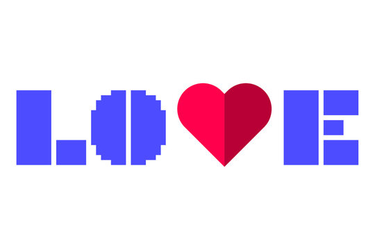 LOVE typography with red heart replacing letter V. Fun, retro, pixel blue lettering design on isolated background. Perfect for Valentine's Day, romance and playful wedding graphics