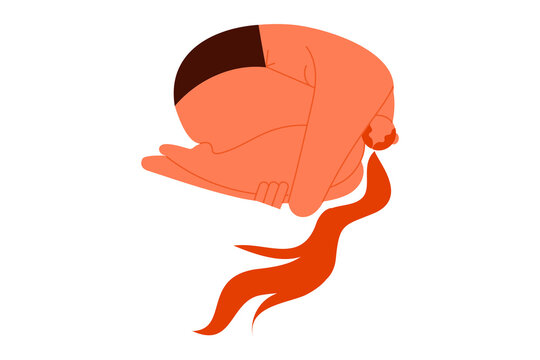 Flat vector illustration of a woman in underwear with long hair sitting in a fetal position. Concept of self-love, body positivity, self-acceptance, and self-compassion. High resolution PNG