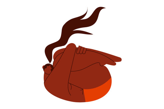 Flat vector illustration of a black woman in underwear with long hair sitting in a fetal position. Concept of self-love, body positivity, self-acceptance, and self-compassion. High resolution PNG