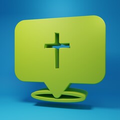 Obraz premium Green Map pin church building icon isolated on blue background. Christian Church. Religion of church. Minimalism concept. 3D render illustration