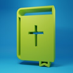 Obraz premium Green Holy bible book icon isolated on blue background. Minimalism concept. 3D render illustration