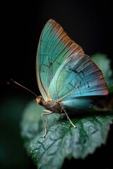 Close-up of a vibrant turquoise butterfly perched on a dark green leaf