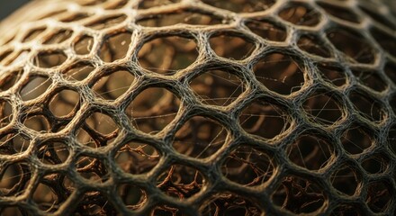 Close-up of a textured, honeycombed sphere.  A network of intricate,  brown,  organic  latticework