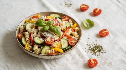 Fresh Vegetable Salad Bowl with Pasta and Cheese &ndash; Colorful Ingredients on White Textured Surface for Mediterranean Food Photography