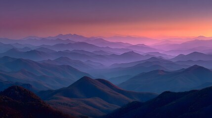 Fototapeta premium Breathtaking landscape of layered mountain ranges at dusk. Receding hills are bathed in a serene haze of orange, pink, and purple gradients.