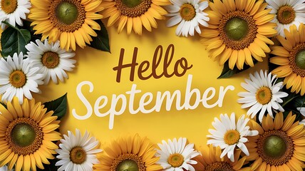 Bright yellow background with hello september text surrounded by a vibrant border of sunflowers and white daisies