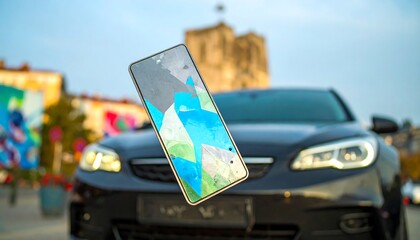 Fototapeta premium Smartphone displayed outdoors with a vibrant abstract design on the screen.