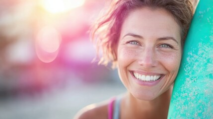 Smiling woman with surfboard enjoying sunset at the beach