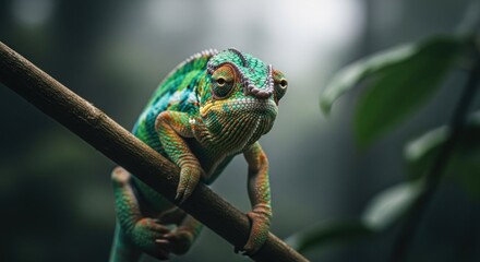 Close-up of a vibrant chameleon perched on a branch