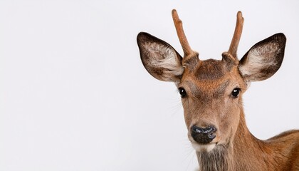 Close-up of a young deer with budding antlers and gentle expression, showcasing its large ears and brown fur against a white background.
