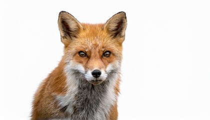 Close-up of a fox’s face with a curious expression, showcasing its sharp features, vibrant orange fur, and dark eyes against a white background.