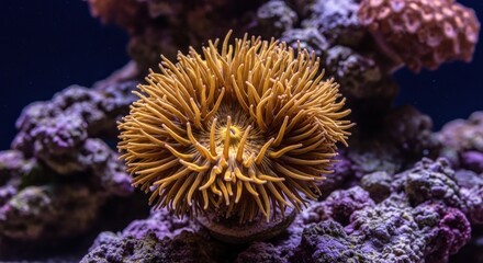 Close-up of a vibrant, golden-tan anemone nestled amidst coral
