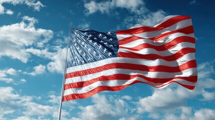 Fototapeta premium The American flag is hoisted on a pole, fluttering in the breeze against a vibrant blue sky adorned with white clouds. The scene captures a moment of patriotism on a clear day.