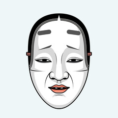Traditional Japanese Noh theater mask with a pale face and dark hair.