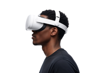 Man immersed in virtual reality experience wearing a modern white VR headset device