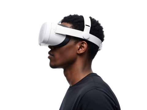Man immersed in virtual reality experience wearing a modern white VR headset device