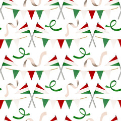 Seamless pattern. Holiday set in watercolor style with Hungarian symbols. State triangular Hungary flag stick, holiday garlands