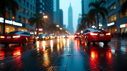 taxi driving on wet city street with reflections during rainy night