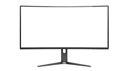 A modern black curved gaming computer monitor with a blank white screen. Isolated on transparent background, png