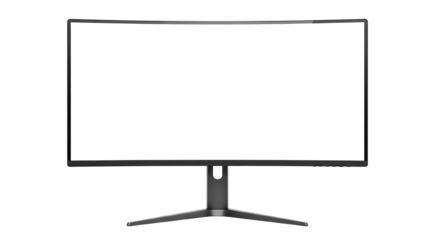 A modern black curved gaming computer monitor with a blank white screen. Isolated on transparent background, png