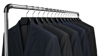 Elegant suits hanging neatly, presenting a range of professional attire choices on chrome rack