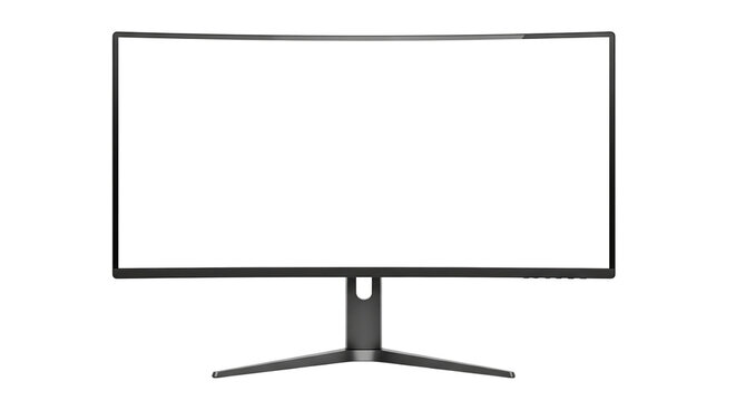 A modern black curved gaming computer monitor with a blank white screen. Isolated on transparent background, png