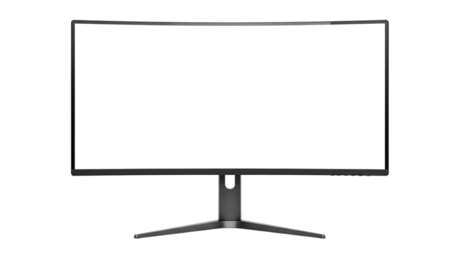 A modern black curved gaming computer monitor with a blank white screen. Isolated on transparent background, png