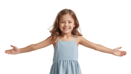 Joyful little girl with outstretched arms offering an embrace on transparent presentation to add
