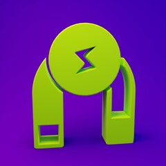 Green Magnet icon isolated on purple-blue background. Horseshoe magnet, magnetism, magnetize, attraction. Minimalism concept. 3D render illustration