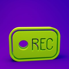 Green Record button icon isolated on purple-blue background. Rec button. Minimalism concept. 3D render illustration