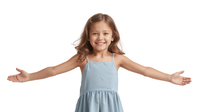 Joyful little girl with outstretched arms offering an embrace on transparent presentation to add