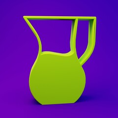 Green Jug glass with water icon isolated on purple-blue background. Kettle for water. Glass decanter with drinking water. Minimalism concept. 3D render illustration