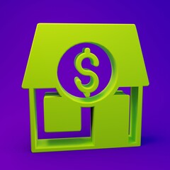 Green Shopping building or market store icon isolated on purple-blue background. Shop construction. Minimalism concept. 3D render illustration