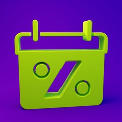 Green Discount percent tag icon isolated on purple-blue background. Shopping tag sign. Special offer sign. Discount coupons symbol. Minimalism concept. 3D render illustration