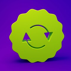 Green Recycle symbol icon isolated on purple-blue background. Circular arrow icon. Environment recyclable go green. Minimalism concept. 3D render illustration