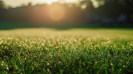 A tranquil sunrise over a lush green field, dewdrops glistening like tiny jewels in the morning light.