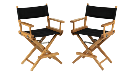 Two black canvas director's chairs, light-brown wooden frame, folding design