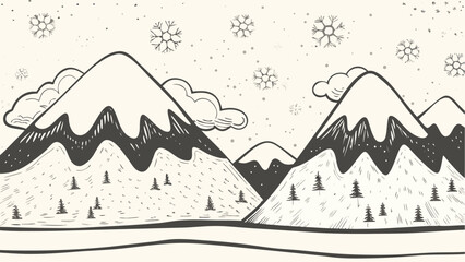 Illustration of a winter landscape with snowy mountains trees and snowflakes in a monochrome style