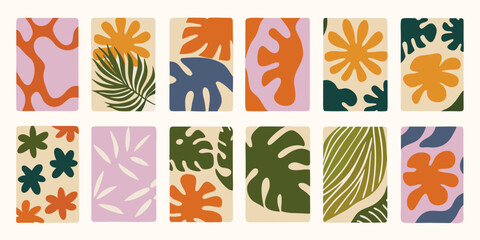 Flower doodle background art vector set. Botanical and leaves abstract shape doodle art for print, wallpaper, home decoration.