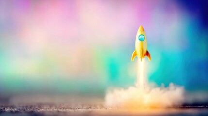 Colorful rocket launching into space with vibrant backdrop and smoke trail