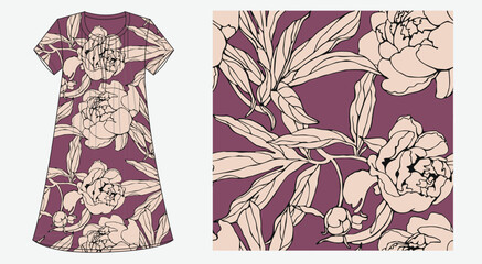 Stylish seamless floral pattern, oversized peony outlines in nude beige on a soft plum mauve background. Ideal for women’s loungewear, elegant home textiles, wallpapers, sustainable fashion fabric