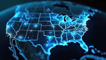Glowing blue data streams form neural network patterns across USA map. Dark satellite backdrop illuminated cities, flight paths. Futuristic cyberspace connectivity visualizes global digital