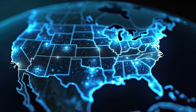 Glowing blue data streams form neural network patterns across USA map. Dark satellite backdrop illuminated cities, flight paths. Futuristic cyberspace connectivity visualizes global digital