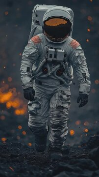 Astronaut's Bold Voyage: An astronaut, clad in a resilient spacesuit, fearlessly strides across a desolate terrain, embodying human ambition and the indomitable spirit of exploration.
