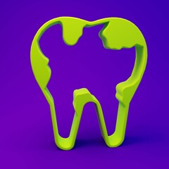 Green Broken tooth icon isolated on purple-blue background. Dental problem icon. Dental care symbol. Minimalism concept. 3D render illustration