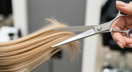 Naklejka premium Close-up of hair being cut with professional shears. A strand of light blonde hair is being snipped by hand-held shears. Salon setting
