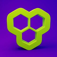 Green Honeycomb icon isolated on purple-blue background. Honey cells symbol. Sweet natural food. Minimalism concept. 3D render illustration