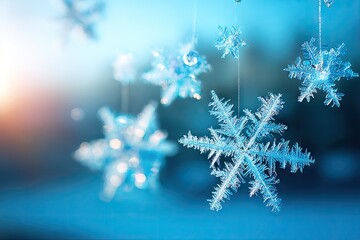 Detailed snowflakes, hanging, soft blue tones